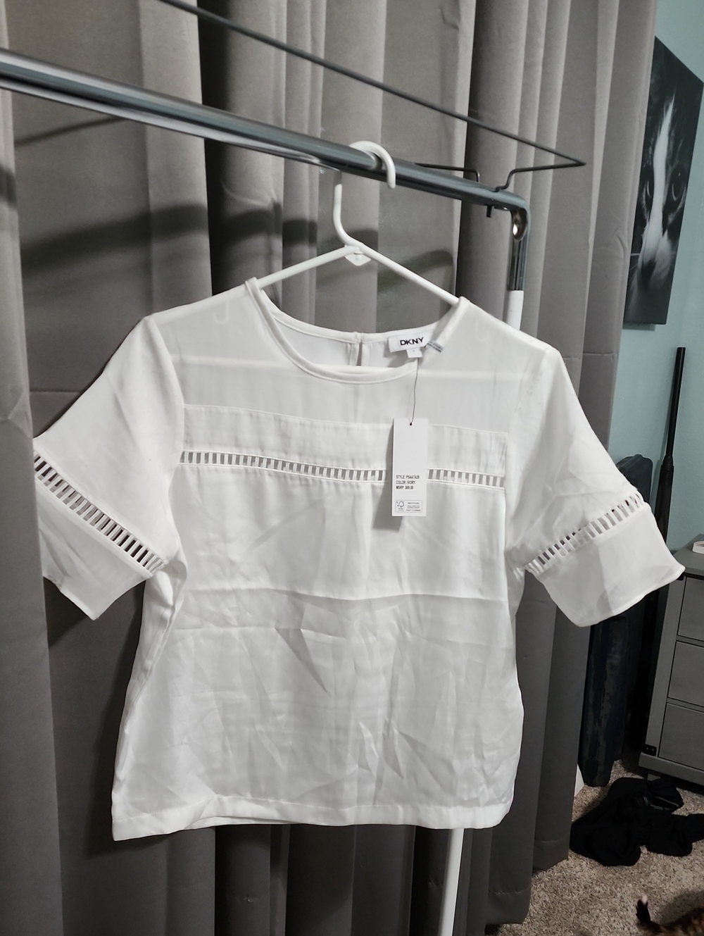DKNY White Short Sleeve Eyelet Panel Blouse